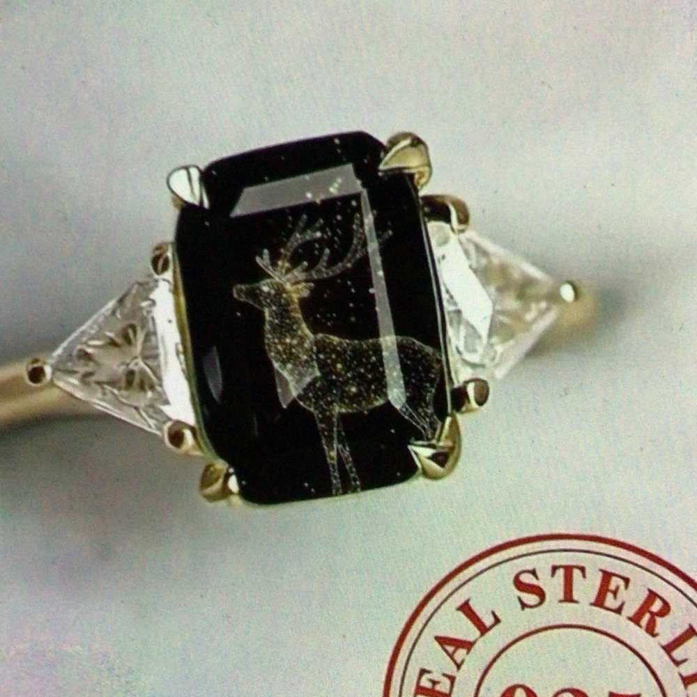 NEW! Boho Black Deer-Engraved Glass Statement Ring
